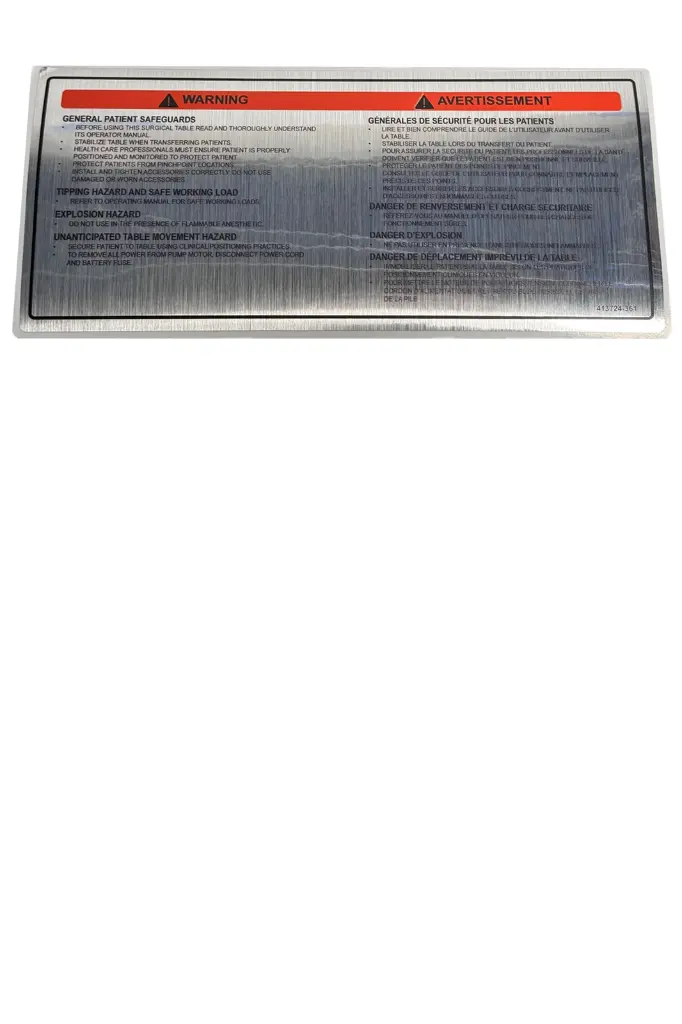 Base Warning Label for Steris Surgical Tables
